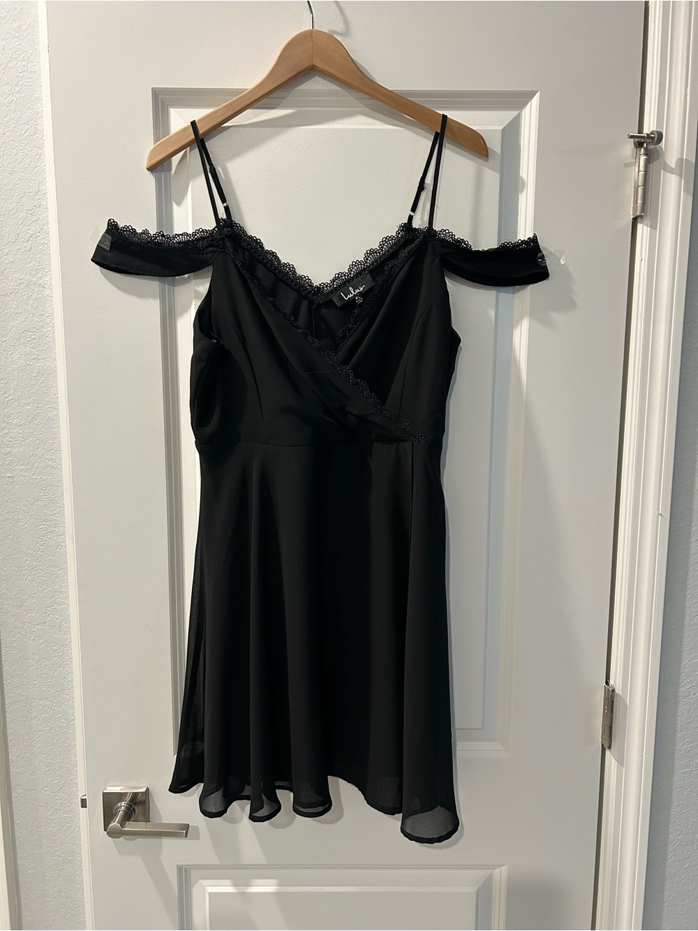 Lulu's Black Lace-Trim Cold-Shoulder Slip Mini Dress